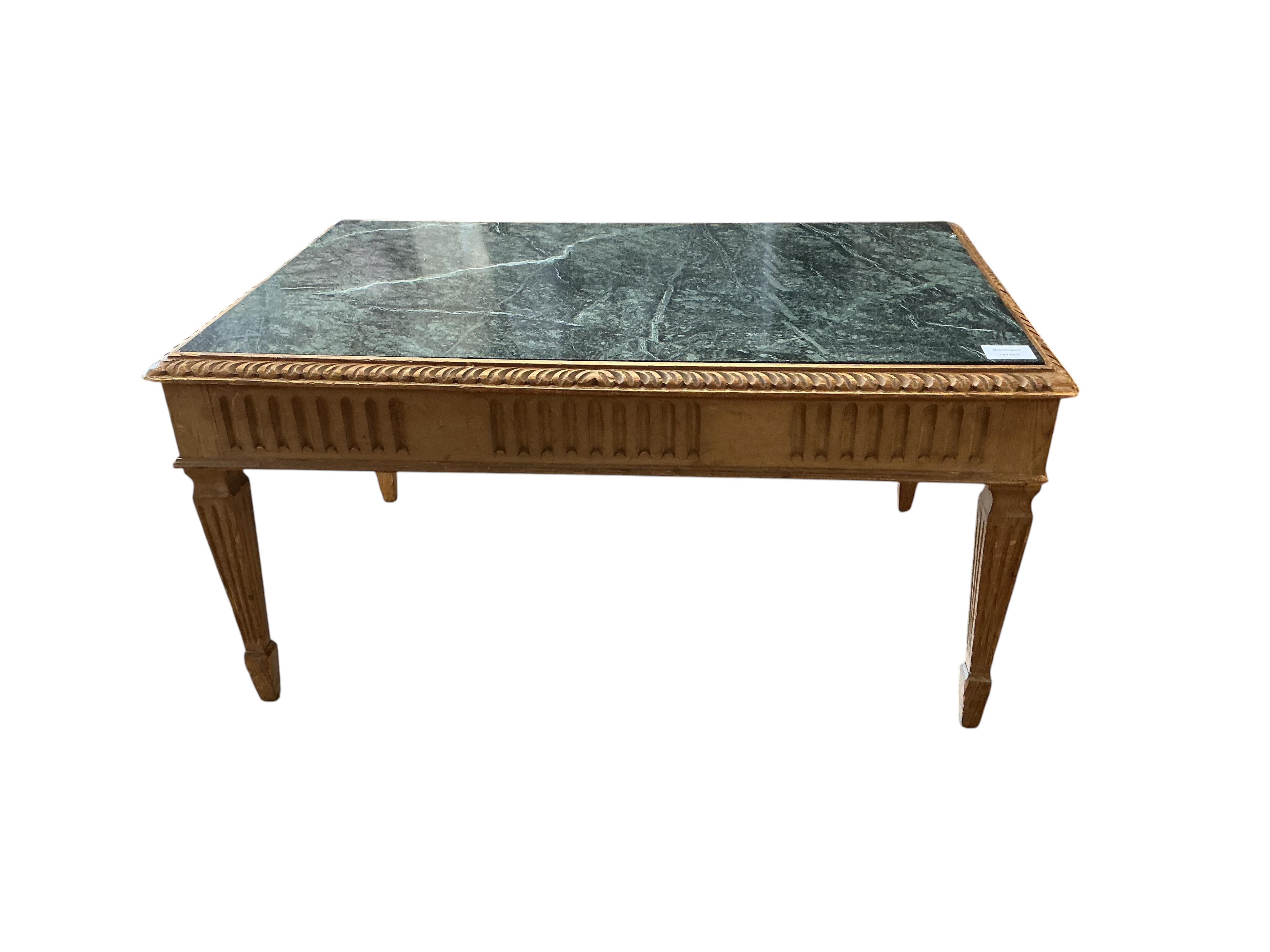 A rectangular marble top pine coffee table, width 81cm, depth 51cm, height 41cm